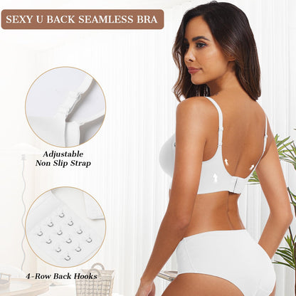 OEAK Womens Seamless Bra Push Up V Neck Bralettes Adjustable Wireless Padded Comfort Bras Adjustable Basic Everyday Bras White L