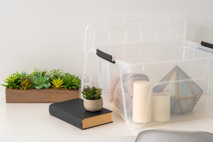 IRIS USA 32 Qt Stackable Plastic Storage Bins with Lids, 6 Pack - BPA-Free, Made in USA - See-Through Organizing Solution, Latches, Durable Nestable Containers, Secure Pull Handle - Clear