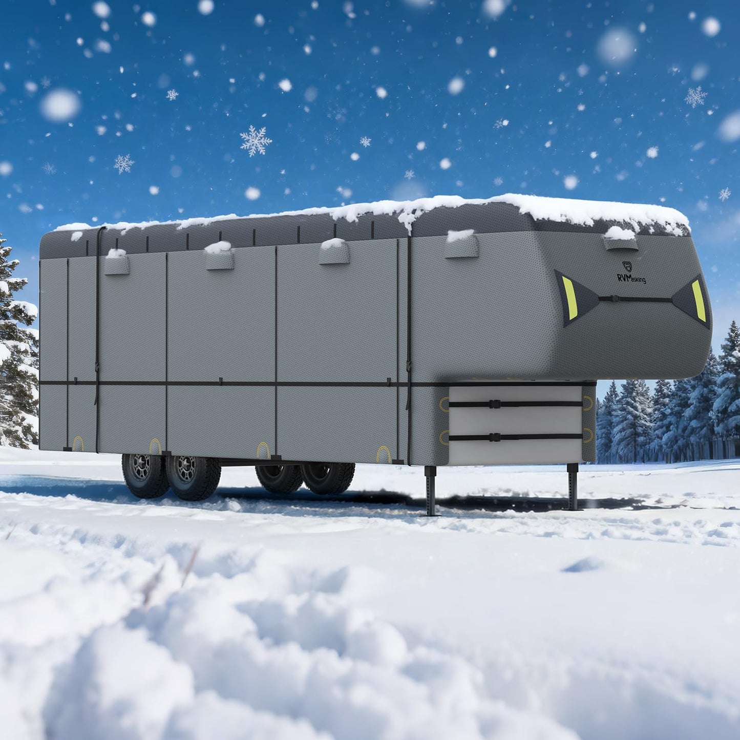 RVMasking 5th Wheel RV Cover, 37'1"-40' Heavy Duty 7 Layers Top Fifth Wheel Cover with 4 Tire Covers, Windproof Rip-Stop Anti-UV Trailer Cover, Dark Gray