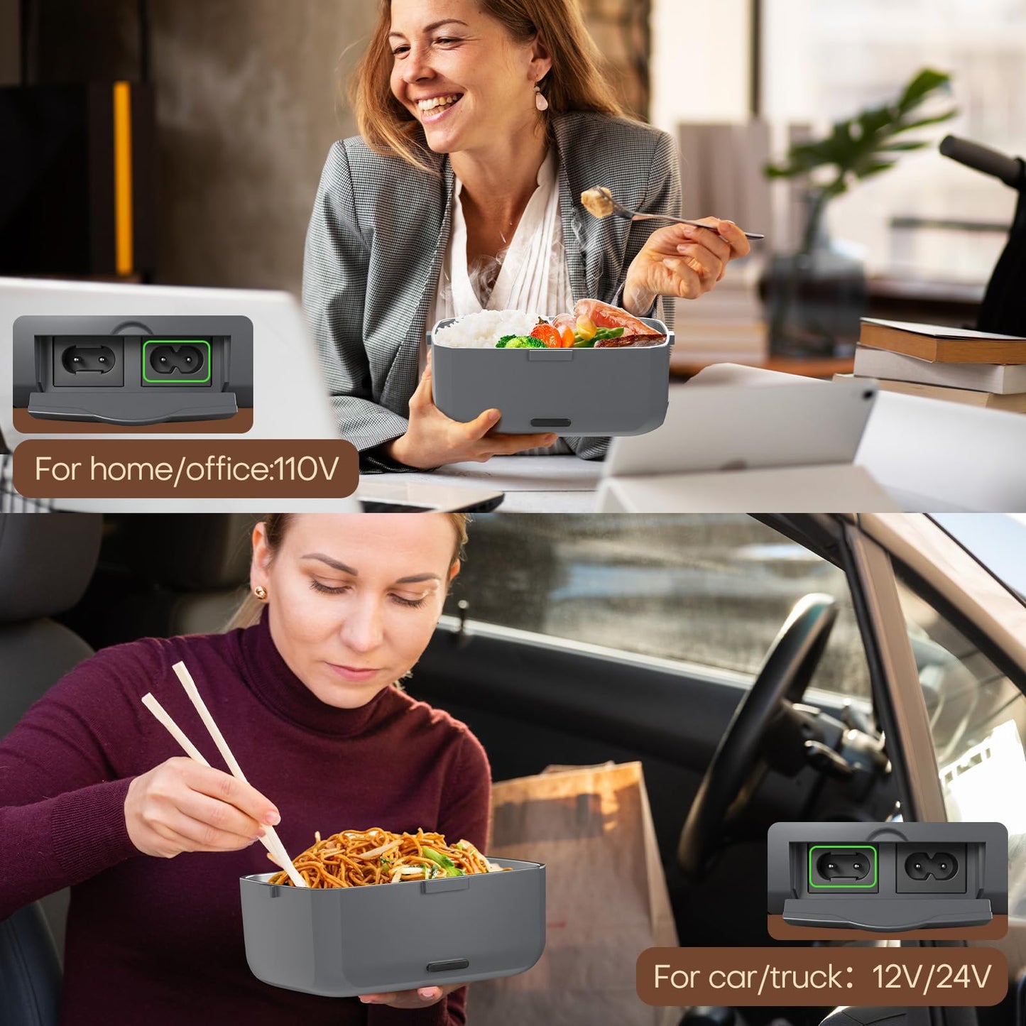 Sitlais Electric Heated Lunch Box for Men - 3 Liters Double Layer Portable Food Warmer for Car Truck 90 W Self Heating Lunch Box for Adults Food Heater for Work Travel Camping lonchera,Dark Grey