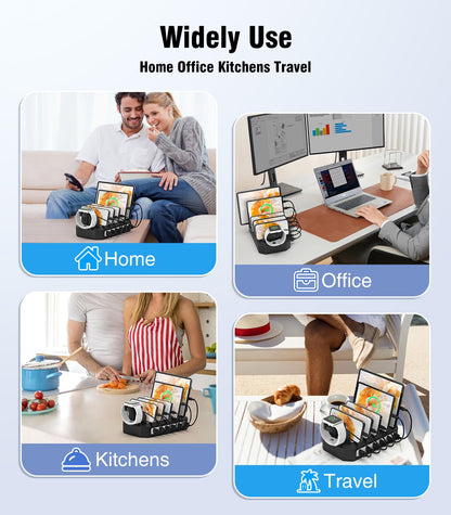 Charging Station for Multiple Devices: 6 Port USB Charger Stations - Family Multi-Device Organizer Charging Dock - Safer Designed for iPhone iPad Android Cell Phone Tablet(6 Cables Included)