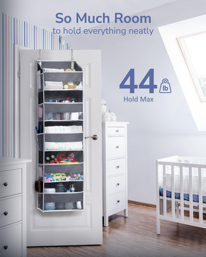 ULG 1 Pack Over Door Organizer with 5 Large Pockets 10 Mesh Side Pockets, 44 lbs Weight Capacity Hanging Storage Organizer with Clear Window Kids Toys, Shoes, Diapers, Dark Grey, 5 Layers