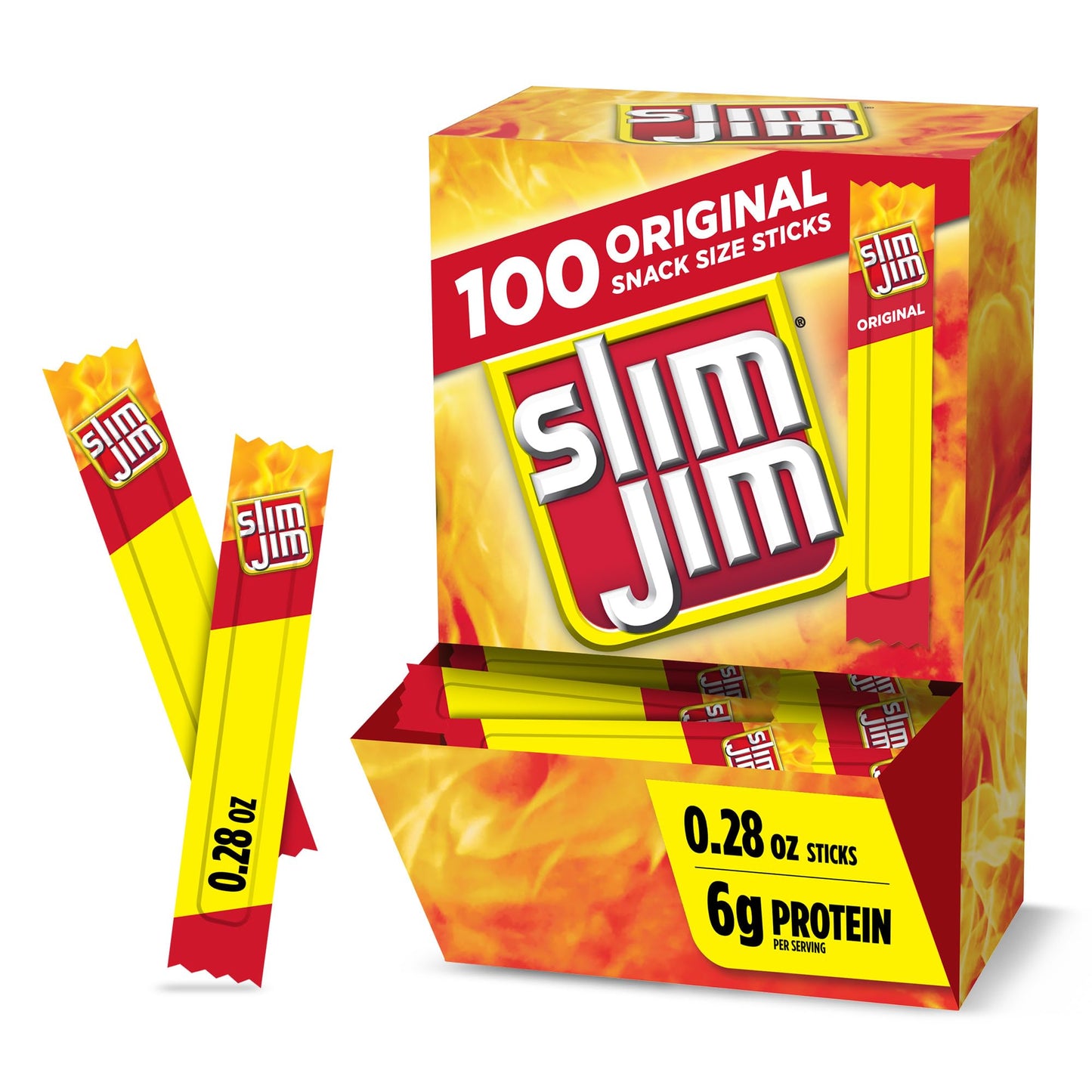 Slim Jim Smoked Meat Sticks, Original Flavor, 6g Protein Per Serving, Snack Size, Lunchbox Snack, 0.28 oz. (100 Count)