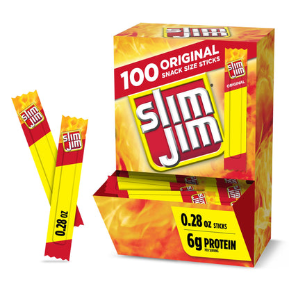 Slim Jim Smoked Meat Sticks, Original Flavor, 6g Protein Per Serving, Snack Size, Lunchbox Snack, 0.28 oz. (100 Count)