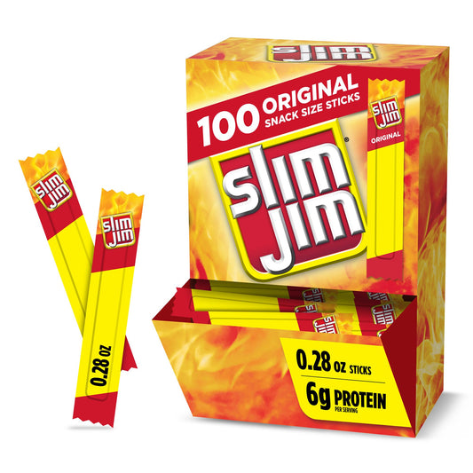 Slim Jim Smoked Meat Sticks, Original Flavor, 6g Protein Per Serving, Snack Size, Lunchbox Snack, 0.28 oz. (100 Count)