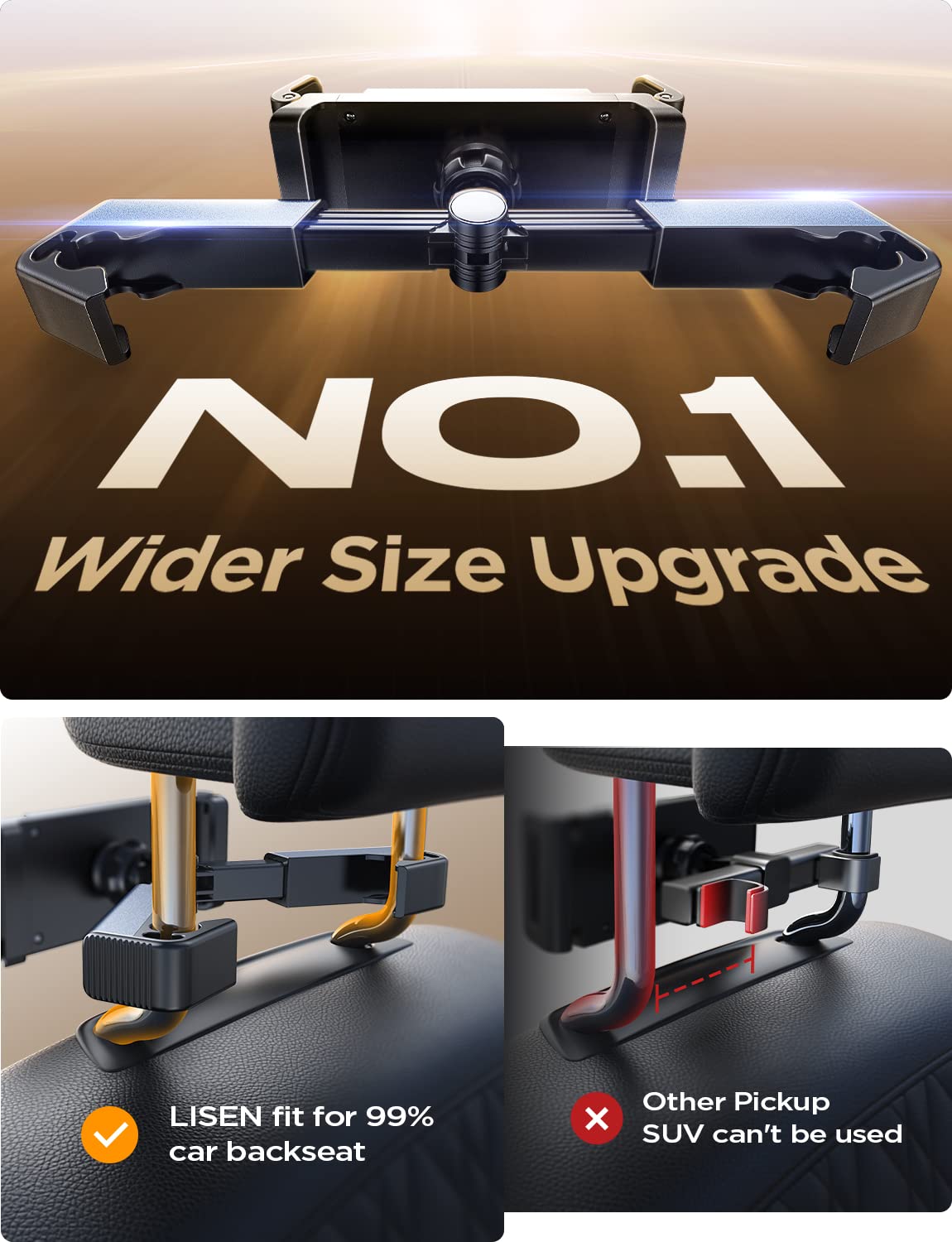 LISEN Tablet iPad Holder for Car Mount Headrest Must Have, iPad Car Holder Back Seat Travel Accessories Long Road Trip Essentials for Kids Adults Fits All 4.7-12.9" Devices & Headrest Rod Black