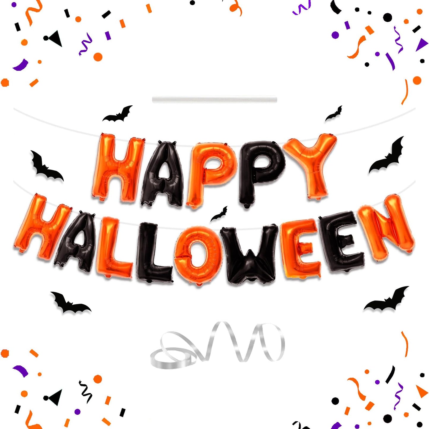 Happy Halloween Balloons Banner - Orange and Black Helloween Banner Backdrop Garland, 16 Inch Large Mylar Hanging Foil Balloon Banners With Straw Ribbon for Indoor Outdoor Halloween Party Decorations
