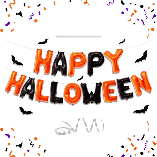 Happy Halloween Balloons Banner - Orange and Black Helloween Banner Backdrop Garland, 16 Inch Large Mylar Hanging Foil Balloon Banners With Straw Ribbon for Indoor Outdoor Halloween Party Decorations
