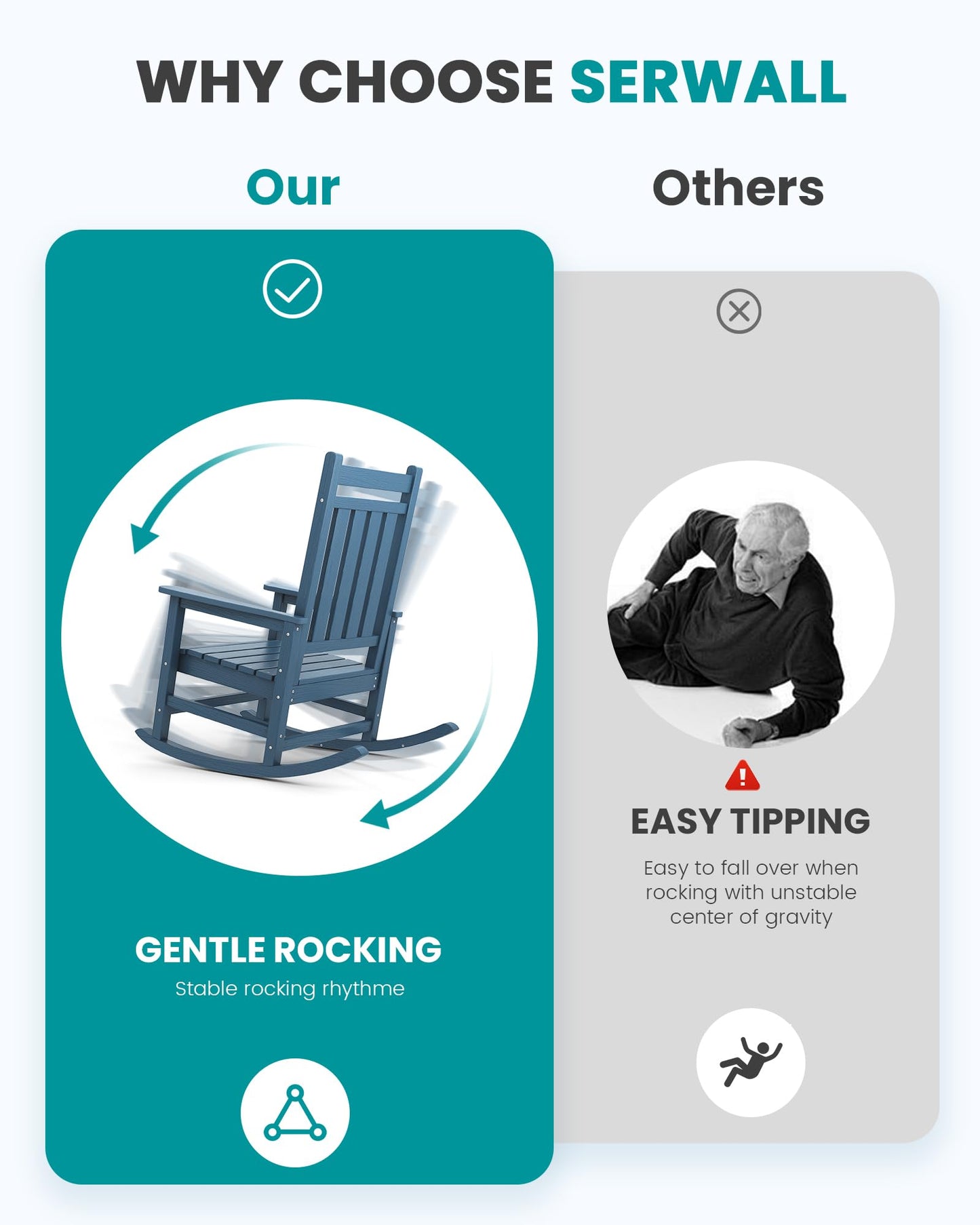 SEWALL Oversized Outdoor Rocking Chair Set of 2, HDPE Rocking Chair for Adults, Patio Rocking Chairs for Porch, Blue