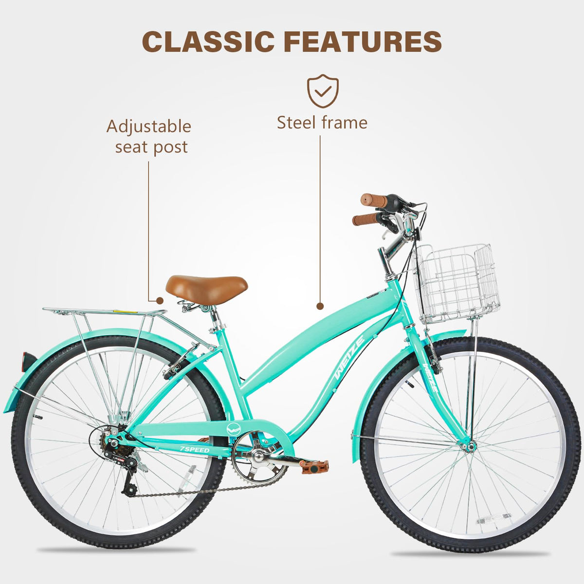 WEIZE Beach Cruiser Bike, 26 inch Commuter Bicycle for Adult Men and Women, 7-Speed/High-Carbon Steel/Front & Rear Fenders, Comfortable City Bikes with Rear Rack&Basket, Teal