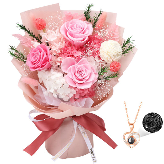 Casaido Preserved Flowers for Delivery, Pink Flower Bouquets with Necklace, Forever Real Roses Anniversary Birthday Gifts for Women Mom Wife Girlfriend, Fresh Flowers for Valentines Day Christmas
