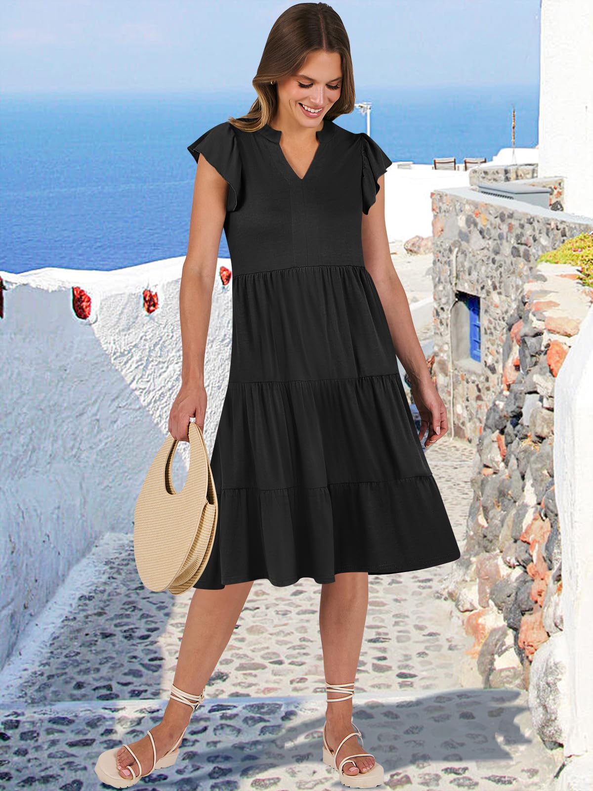 ANRABESS Womens Summer Dress Ruffle Sleeve V Neck Midi Dresses Fashion Casual Fit Flowy Tiered Boho Beach Vacation Sundress Black-L