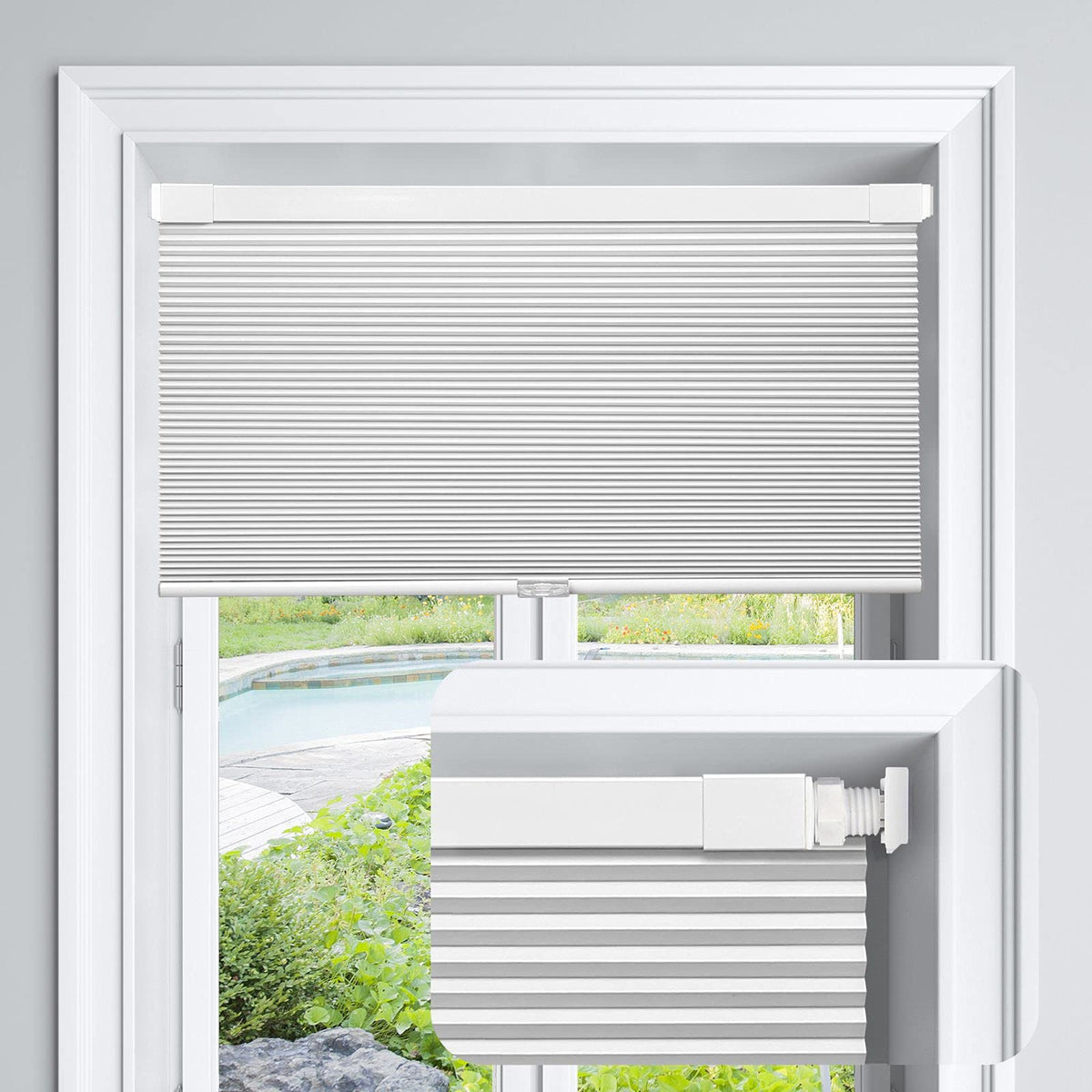 LazBlinds Cordless Cellular Shades, No Tools No Drill Blackout Honeycomb Shades Pleated Blinds for Windows, 34" W x 64" H, Silver White