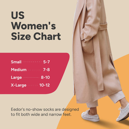 Eedor Women's No Show Socks, Comfy and Breathable Non-Slip, Low Cut Invisible Liner Socks for Casual and Formal Wear, Durable, Soft, Stretchable Fabric - 6 Pairs, Large, Size 8-10 - White