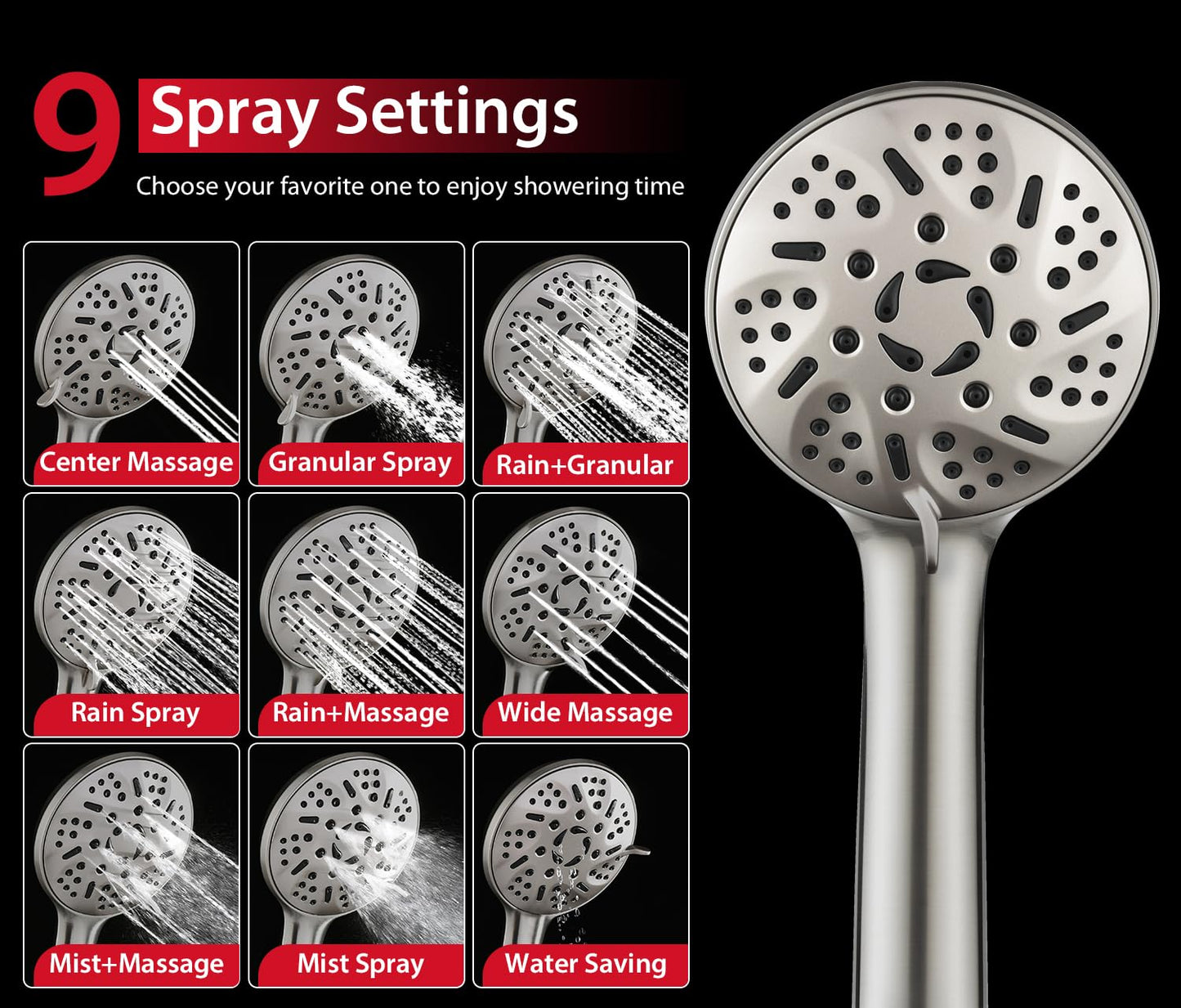 GRICH 2.5GPM Shower Head with Hand: 2 in 1 High Pressure Shower Heads With Handheld Spray Combo & Rain Shower Head, 9 Spray Modes Anti-Leak Waterfall Showerhead, Angle Adjustable, Brushed Nickel