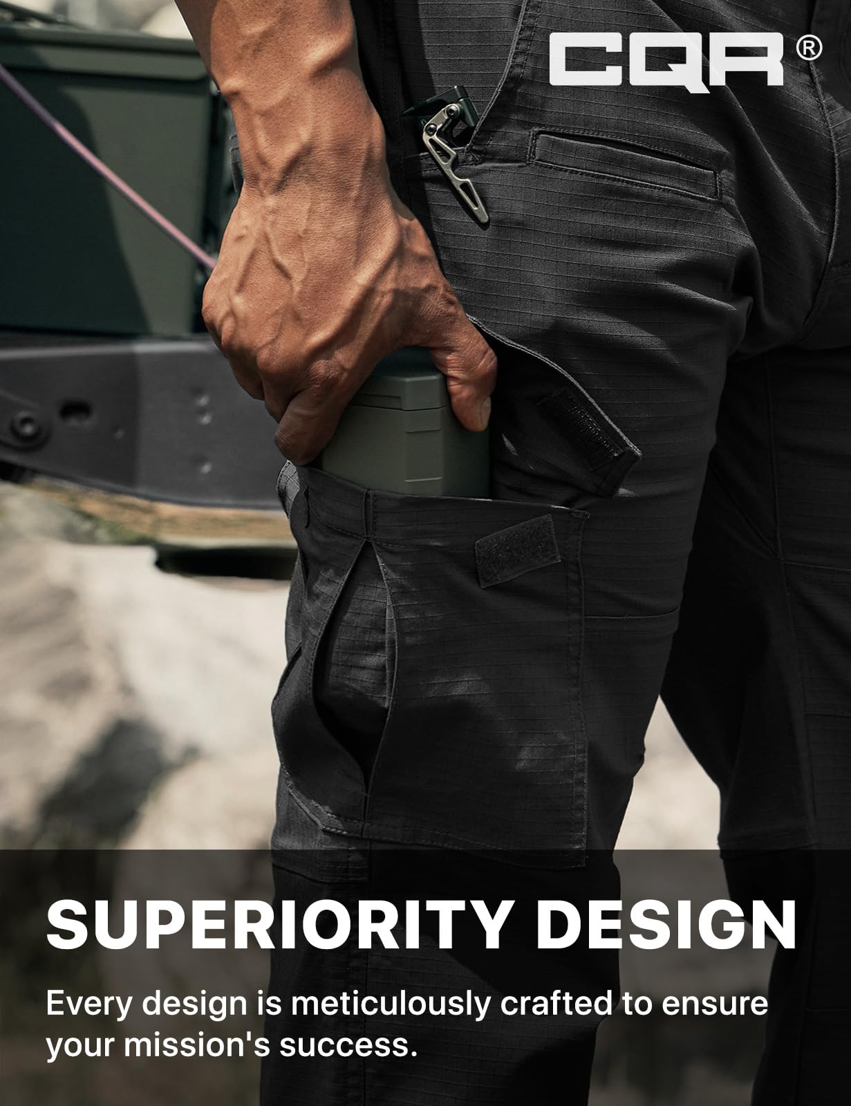 CQR Men's Flex Ripstop Tactical Pants, Water Resistant Stretch Cargo Pants, Lightweight EDC Hiking Work Pants, Dura Flex Mag Pocket Black, 36W x 30L