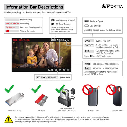 Portta VHS to Digital Converter, Video to Digital Recorder with Remote, Compatible with VHS, VCR, DVR, DVD, Hi8, Mini DV Players, Camcorder, Gaming Consoles (Tapes/DVD Player Not Included)