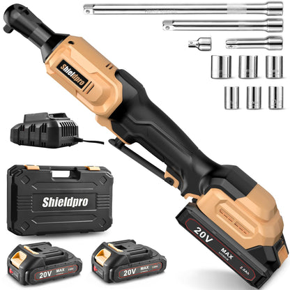 SHIELDPRO 20V Electric Ratchet Wrench Set, 3/8" Cordless Ratchet Kit with 400RPM, Power Torque Ratchets with LED Light, 2 Packs of 2.0AH Batteries, Fast Charger, Sockets, Adapters, and Extension Bars