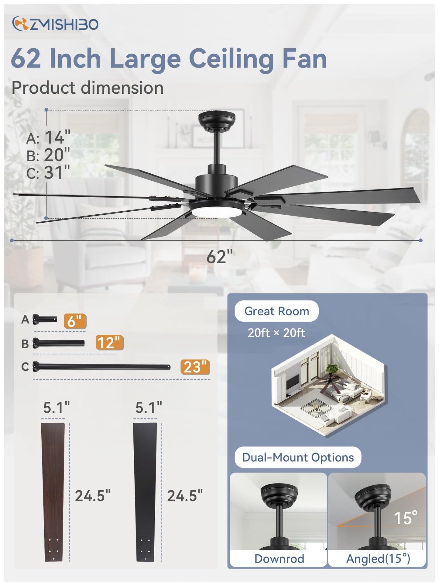 ZMISHIBO 62 inch Large Ceiling Fans with Lights and Remote, Indoor/Outdoor Black Modern Ceiling Fan for Kitchen Living Room Patio, 6 Speed Reversible Quiet DC Motor, 3 CCT, Dual Finish 8 Blades