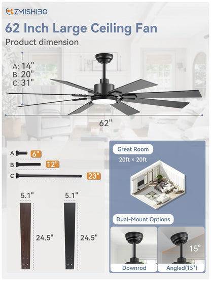 ZMISHIBO 62 inch Large Ceiling Fans with Lights and Remote, Indoor/Outdoor Black Modern Ceiling Fan for Kitchen Living Room Patio, 6 Speed Reversible Quiet DC Motor, 3 CCT, Dual Finish 8 Blades