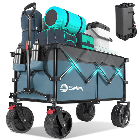 Collapsible Wagon Cart with Big All-Terrain Beach Wheels, Foldable Heavy Duty Wagons with Cup Holders, Utility Carts for Camping, Garden, Outdoor, Grocery, Sports. Blue & Gray