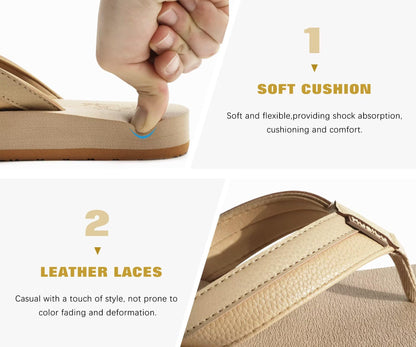 KuaiLu Men's Leather Flip Flops Arch Support Summer Beach Pool Water Thong Sandals Waterproof Rubber Walking Shoes Slip on Orthotic Casual Sport Cushioned Wide Slides Shower Slippers Apricot Size 14