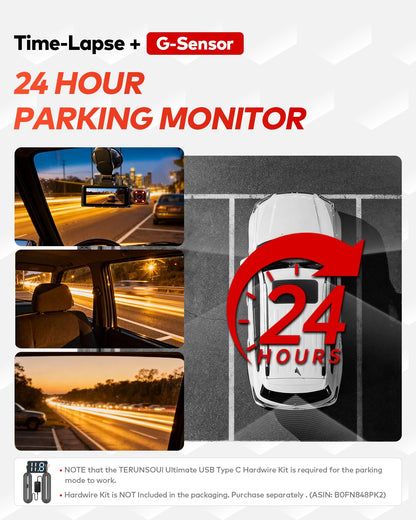 TERUNSOUl 4K+4K+1080P 3 Channel Dash Cam Front and Rear with Cabin, Free 128GB Card Included, 5.8GHz WiFi6 - up to 20MB/s, IR Night Vision, Built-in GPS, G-Sensor, 24H Parking Mode, Support 512GB Max