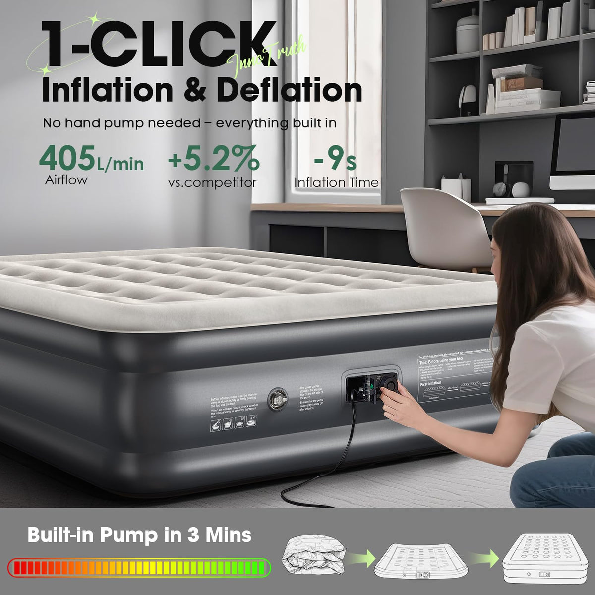 InnoTruth Air Mattress Queen with Built in Pump, Inflatable Blow up Mattress, 18" Raised Colchones Inflables Air Bed for Guests & Home, Ideal for Home Use and Outdoor Camping, 650lb Weight Capacity