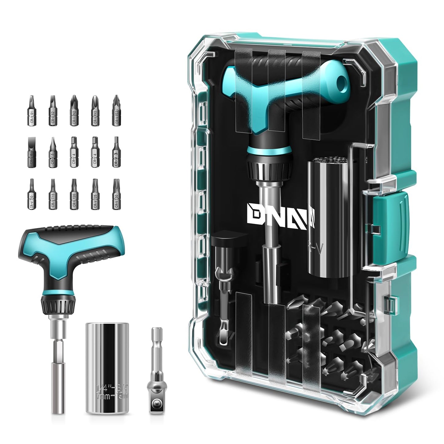 DNA MOTORING T-handle Screwdriver Set With Super Socket Fits Standard 1/4 to 3/4 Inches Screws and Bolts,15pcs CRV Bits, 19 In 1 Tool Set, Blue, Tools-00418