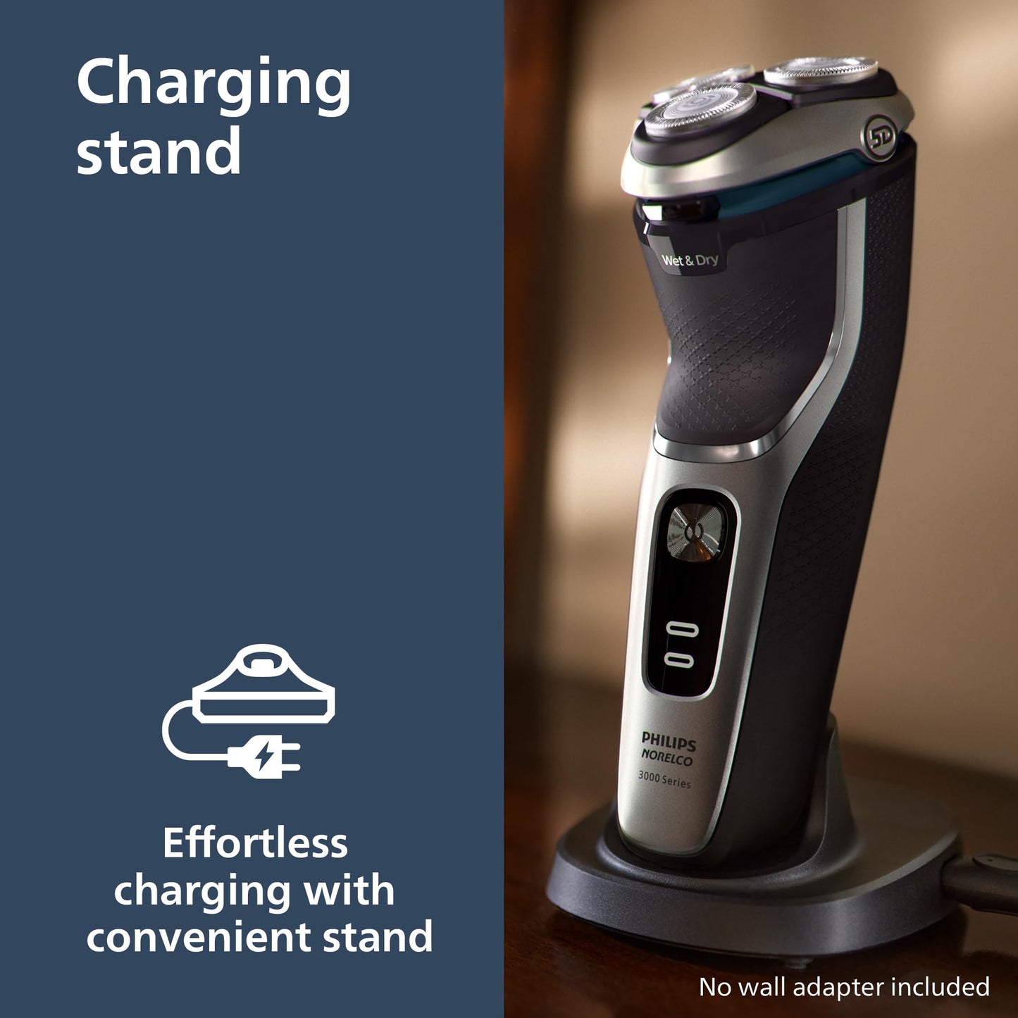 Philips Norelco Shaver 3900 Series, Wet and Dry Electric Shaver, P-Cap, Travel Pouch, Charging Stand, Storm Blue, Model S3341/92