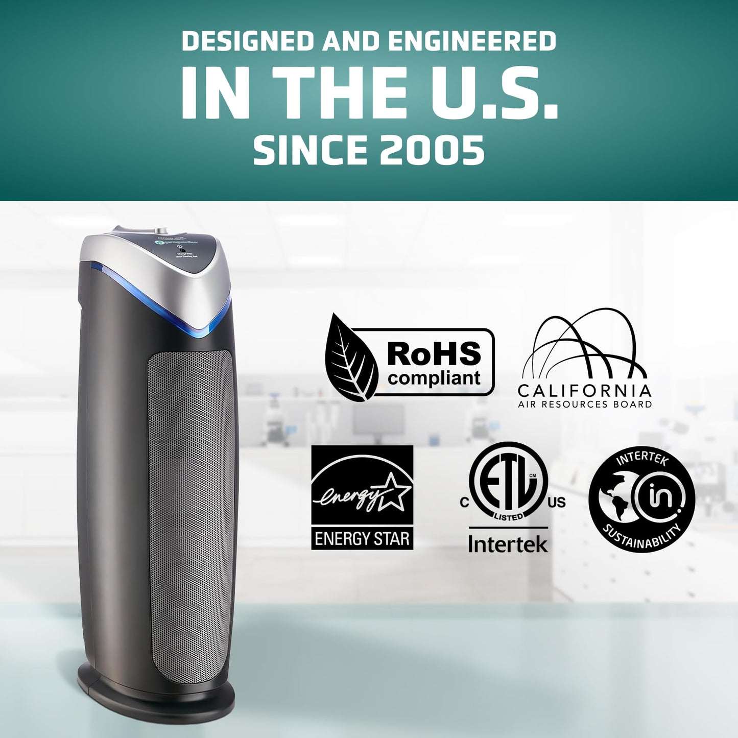 GermGuardian 4-In-1 HEPA Air Purifier for Home, Large Rooms Up To 743 Sq. Ft. with HEPA Air Filter, UC-V Light & Odor Reduction, AC4825E, 22" Tower, Gray