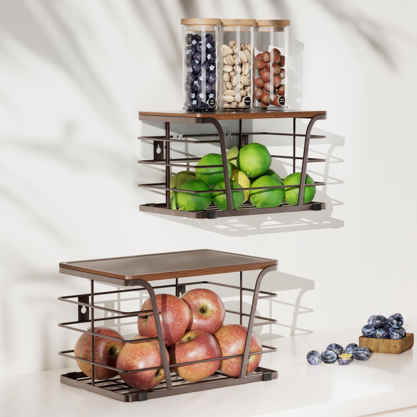 TIDIIABODE Extra Large 2 Pack Stackable Storage Pantry Organizers and Storage, Wall Mount Trash Bag Holder with Bamboo Top and Garbage Bag Dispenser, Brown