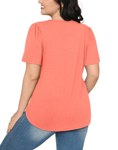 Summer Tops for Women Puff Short Sleeve Loose Fit Scooped Neck T Shirts Beach Fashion Coral M