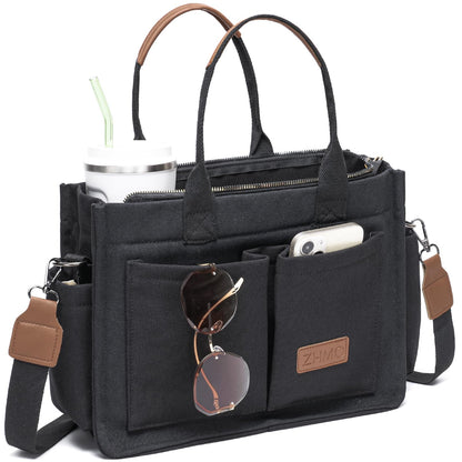 ZHMO Canvas Tote Bag for Women With Compartments and Zipper,Black Women's Bags Crossbody Bags Work Laptop Tote Bag Large Satchels Handbag Tote Purse Everyday Shoulder Bag for Travel Nurse Teacher Gift