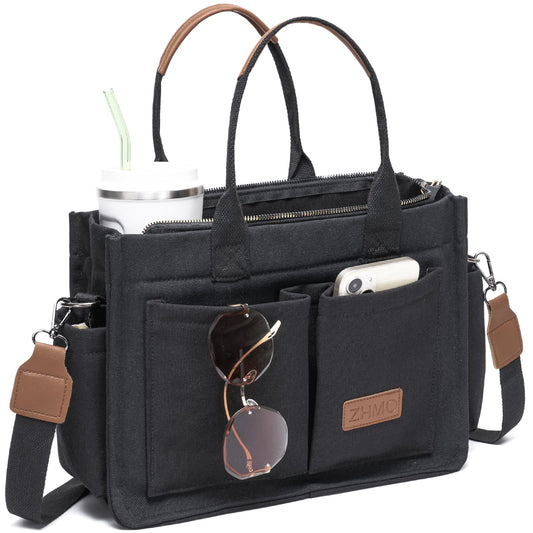ZHMO Canvas Tote Bag for Women With Compartments and Zipper,Black Women's Bags Crossbody Bags Work Laptop Tote Bag Large Satchels Handbag Tote Purse Everyday Shoulder Bag for Travel Nurse Teacher Gift