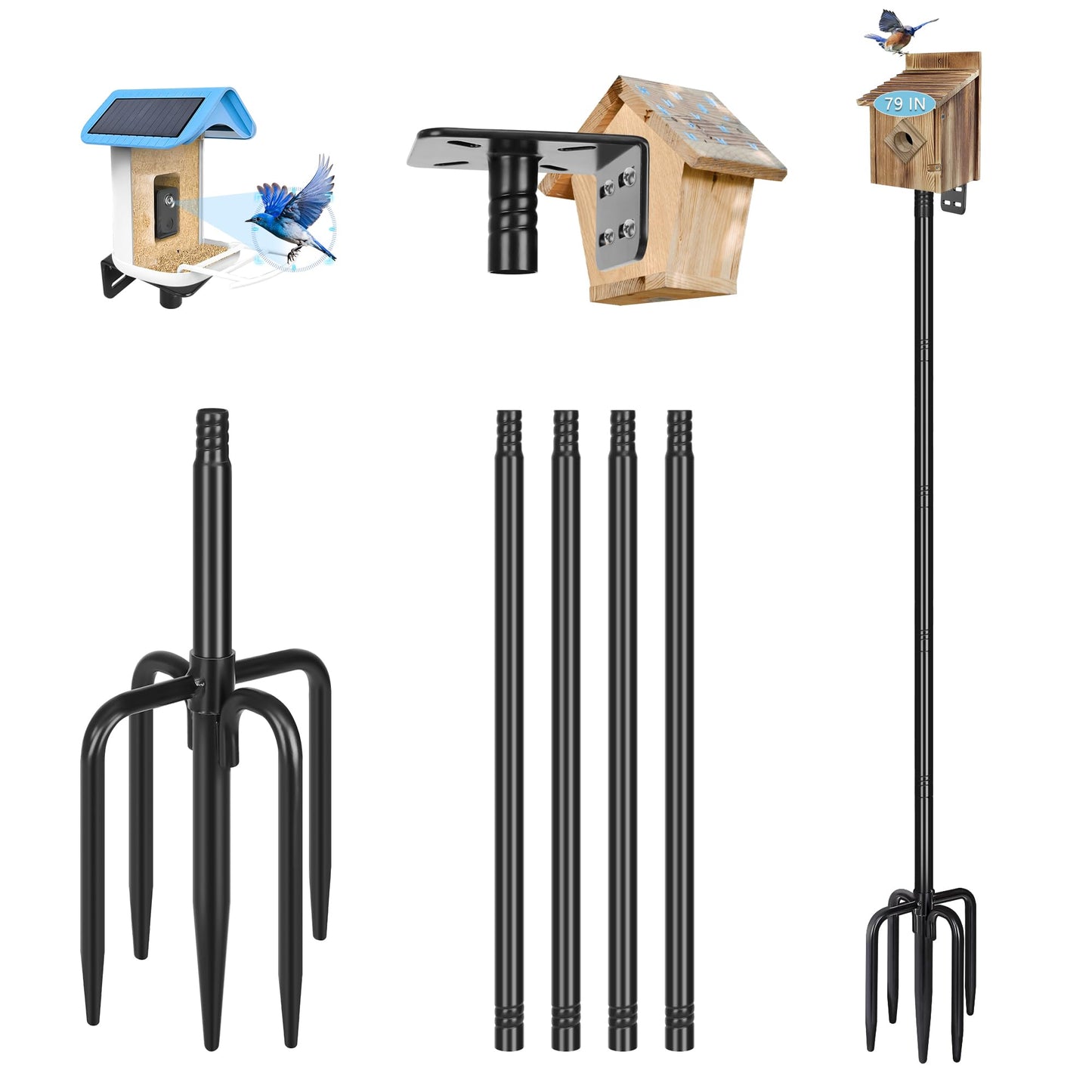 Gtongoko Smart Bird Feeder Pole 79 Inch Bluebird House Pole for Outdoors Weather Station Heavy Duty Metal Mounting Kit Adjustable Bird Feeder Stand Black