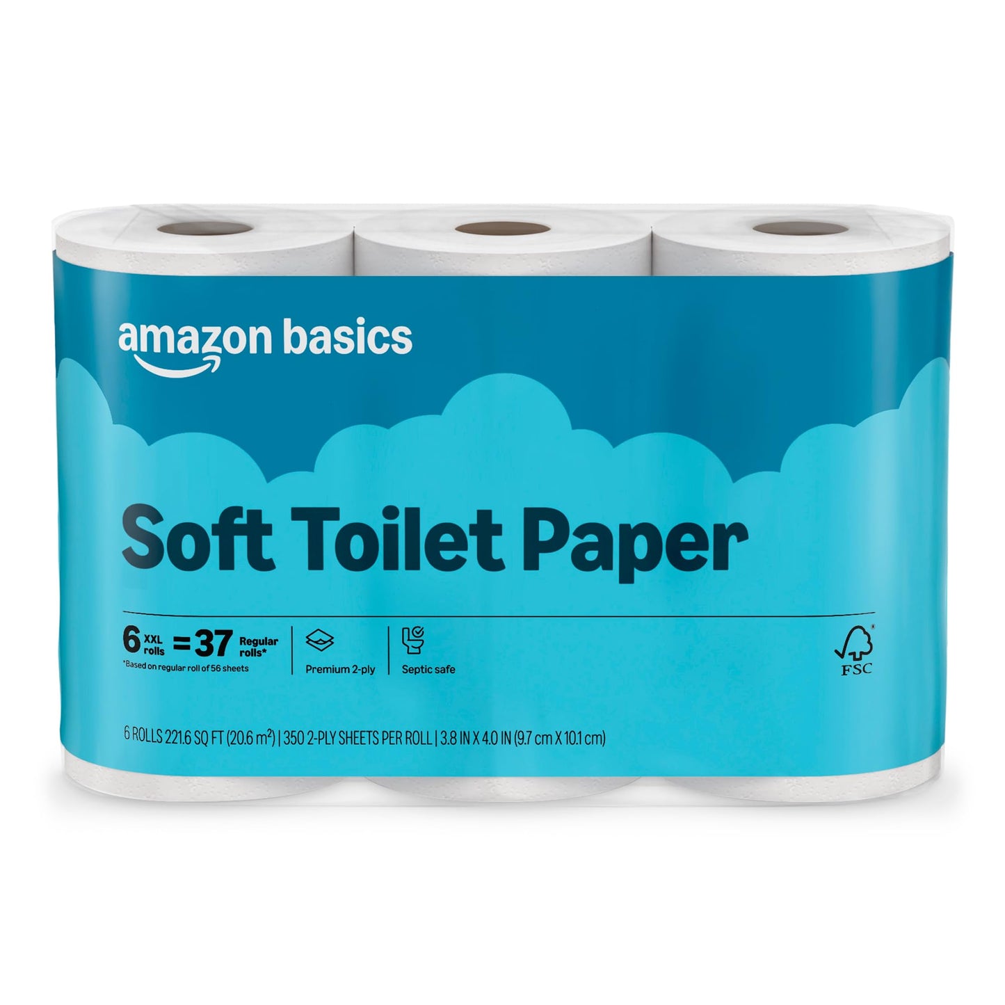 Amazon Basics FSC-Certified 2-Ply Septic-Safe Toilet Paper, Soft, 350 Sheets per Roll, 6 Rolls = 37 Regular Rolls