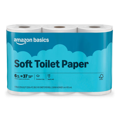 Amazon Basics FSC-Certified 2-Ply Septic-Safe Toilet Paper, Soft, 350 Sheets per Roll, 6 Rolls = 37 Regular Rolls