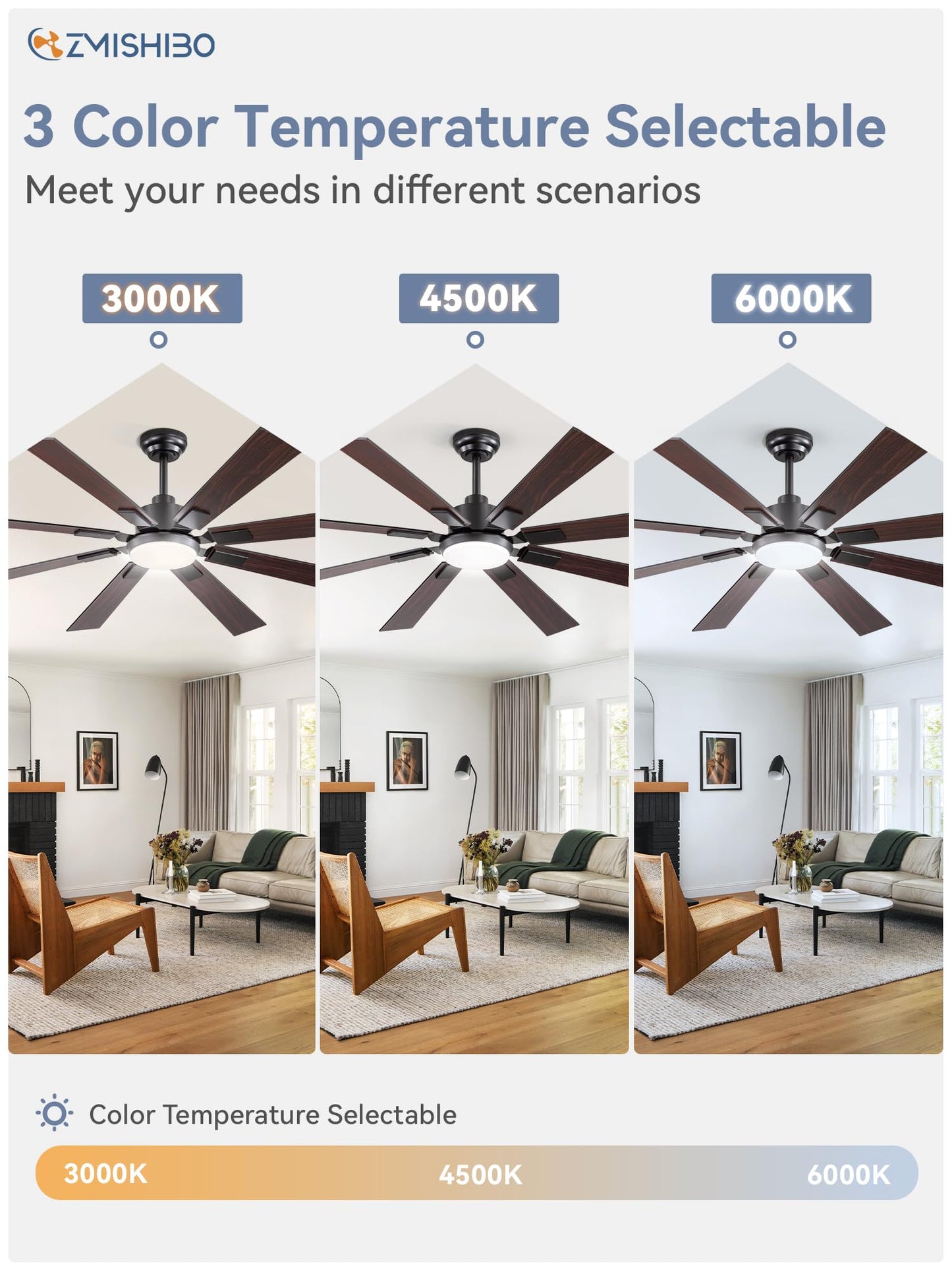 ZMISHIBO 62 inch Large Ceiling Fans with Lights and Remote, Indoor/Outdoor Black Modern Ceiling Fan for Kitchen Living Room Patio, 6 Speed Reversible Quiet DC Motor, 3 CCT, Dual Finish 8 Blades