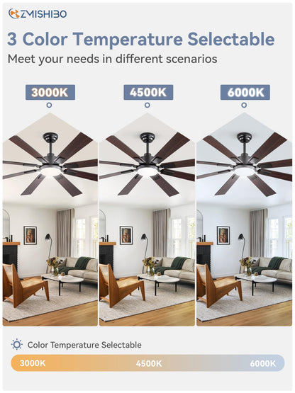 ZMISHIBO 62 inch Large Ceiling Fans with Lights and Remote, Indoor/Outdoor Black Modern Ceiling Fan for Kitchen Living Room Patio, 6 Speed Reversible Quiet DC Motor, 3 CCT, Dual Finish 8 Blades