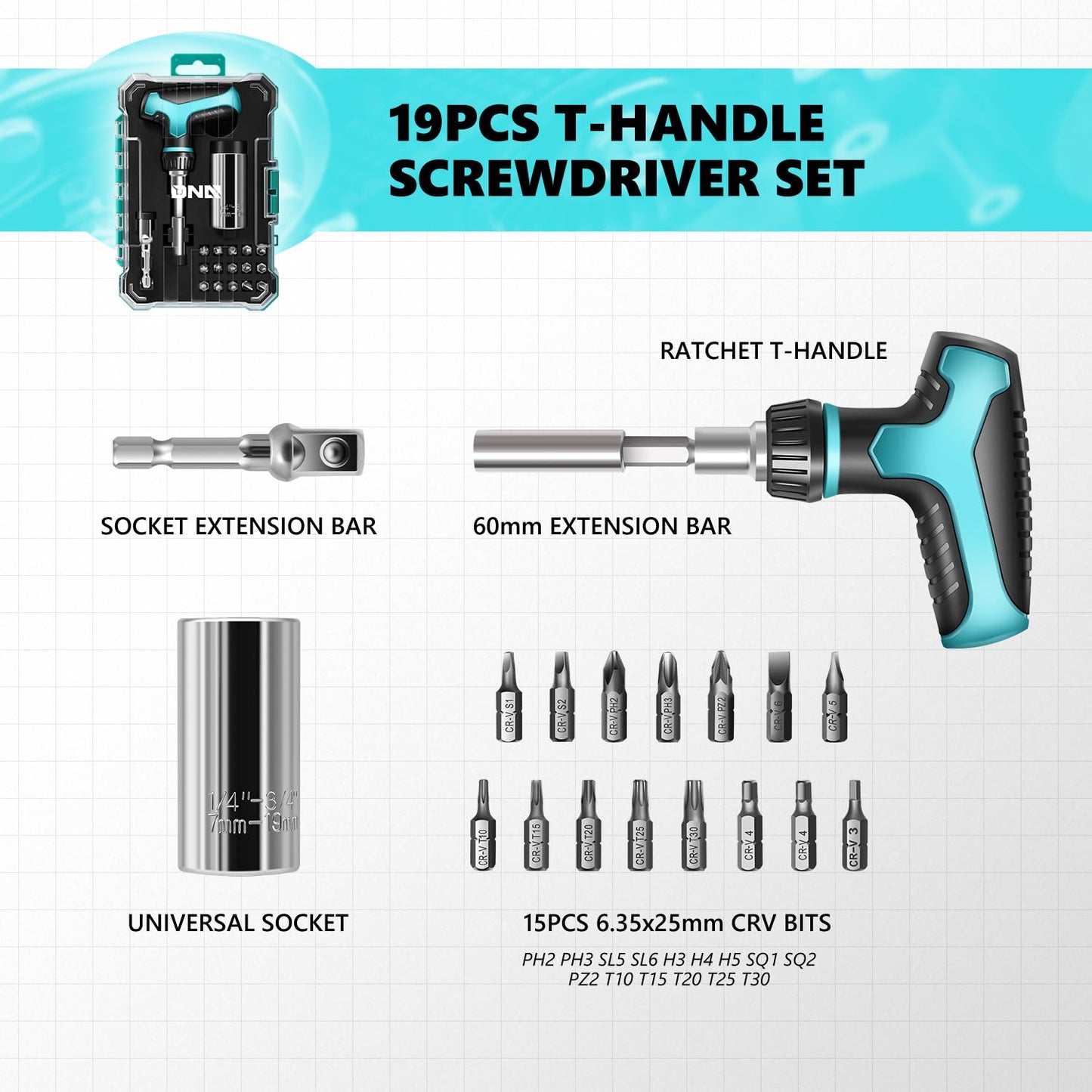 DNA MOTORING T-handle Screwdriver Set With Super Socket Fits Standard 1/4 to 3/4 Inches Screws and Bolts,15pcs CRV Bits, 19 In 1 Tool Set, Blue, Tools-00418