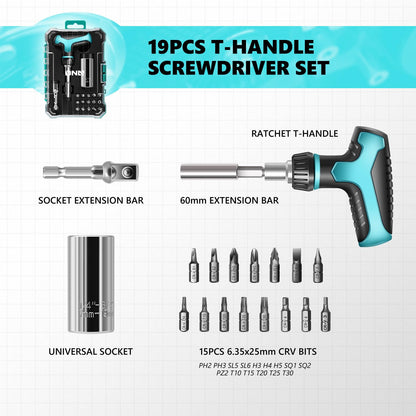 DNA MOTORING T-handle Screwdriver Set With Super Socket Fits Standard 1/4 to 3/4 Inches Screws and Bolts,15pcs CRV Bits, 19 In 1 Tool Set, Blue, Tools-00418