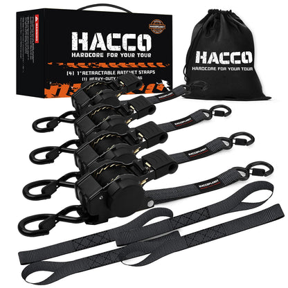 Haccoplanet Retractable Ratchet Straps 1763lb Break Strength, Heavy Duty 1” Auto Retract Tie Down Ratchet Straps Upgraded Controlled Retraction Ratchet Strap for Trailer, Motorcycle, ATV (10FT-4PK)