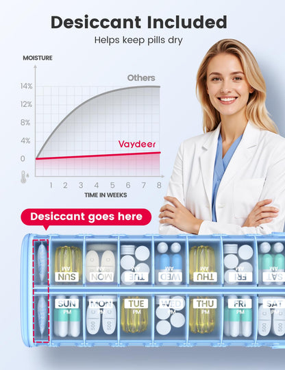 Vaydeer Metal 7 Day Pill Organizer 2 Times a Day – AM PM Weekly Travel Pill Case with Moisture-Proof Desiccant, Airtight Large Capacity Pill Box for Vitamins, Medications & Supplements (Rose Gold)
