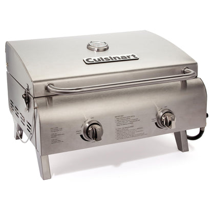 Cuisinart Chef's Style Tabletop Portable Propane Gas Grill, 20,000 BTU Stainless Steel 2-Burner Outdoor BBQ Grill for Camping, Tailgates, BBQ, Hassle-Free Setup