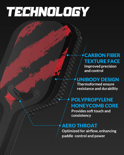 Warping Point Carbon Fiber Pickleball Paddle with Aero Throat, USAPA Approved Thermoformed Pickle Ball Rackets for Power & Spin, 16mm Polypropylene Honeycomb Core, Textured Carbon Grit Surface, Red