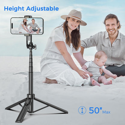 Selfie Stick Travel Tripod for Cell Phone with Remote Control and Phone Holder, Extendable Selfie Stick for iPhone, iPhone Tripod for Video Recording, 50 Inch, Black