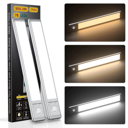 Under Cabinet Lights,76 LED Operated Motion Sensor Light Indoor,1500mAh USB Rechargeable Closet Lights, 2 Pack Magnetic Dimmable Closet Lights，Wireless Under Counter Lights for Kitchen, Stairs