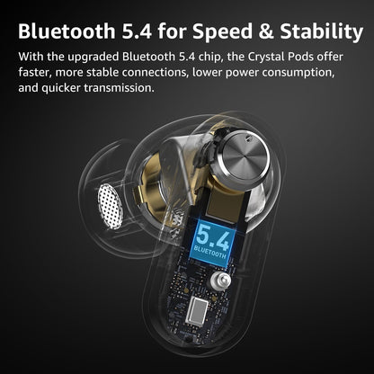 TOZO Crystal Pods Hybrid Active Noise Cancelling Wireless Earbuds, 10mm Drivers Deep Bass, 4 Mics Smart ENC AI Calls, Real-Time AI Translation, 32 EQ via App, Bluetooth 5.4, Crystal Design