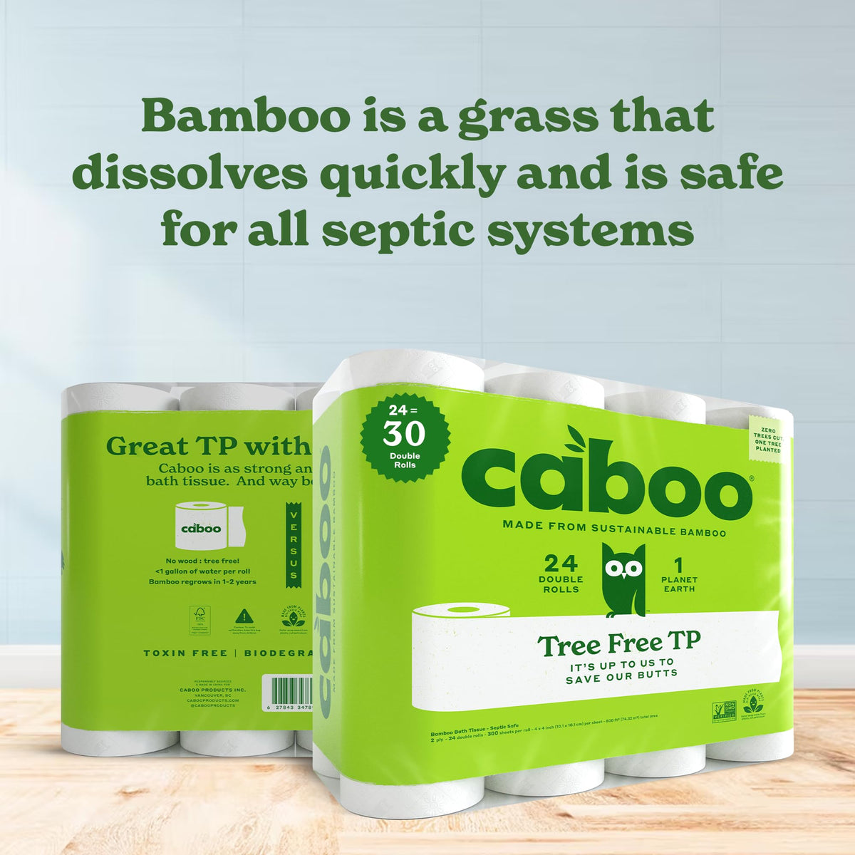 Caboo Tree Free Toilet Paper, Septic Safe Toilet Tissue, Chemical Free, Non Toxic, 2 Ply Bathroom Toilet Paper | Pack of 24 Double Rolls, 300 Sheets Per Roll